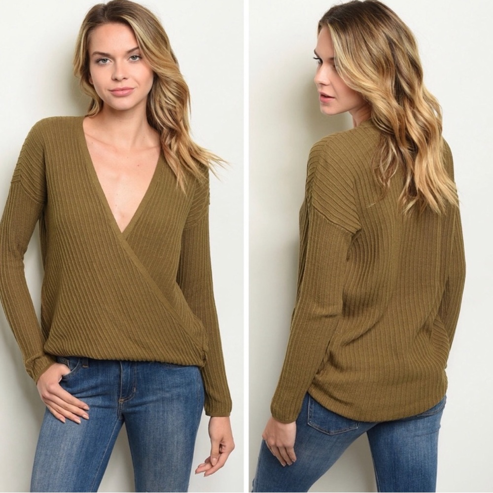 Olive green surplice ribbed sweater top